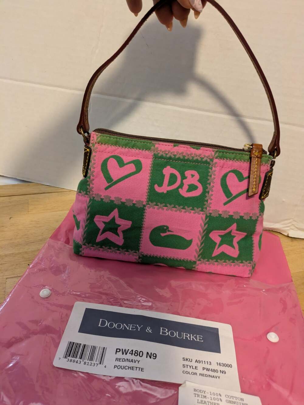 NEW in plastic VINTAGE Dooney & Bourke POUCHETTE pink & green bag purse
